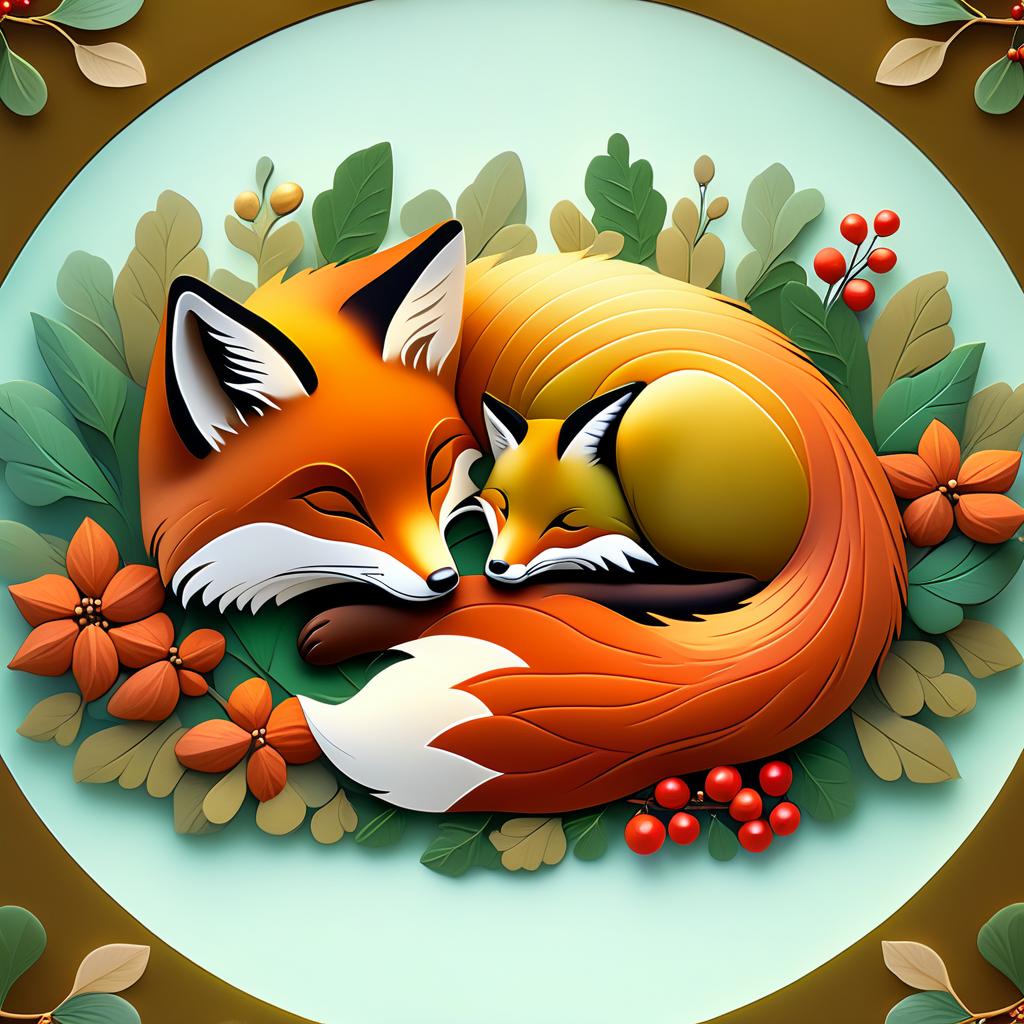  dreamscape (frame):gold round frame decorated with fancy oak leaves and rowan berries. (picture). animalism in fantasy style: little fox sleeping in the arms of big mum fox. appearance of a fox:sweetly sleeping curled up in a ball. (colours):orange, red, white, beige, gold, all shades of green, brown, brown gold. (style):animalism, fantasy, fairy tale, tenderness, kindness, calmness, cartoon . surreal, ethereal, dreamy, mysterious, fantasy, highly detailed, civitai, hkmagic hyperrealistic, full body, detailed clothing, highly detailed, cinematic lighting, stunningly beautiful, intricate, sharp focus, f/1. 8, 85mm, (centered image composition), (professionally color graded), ((bright soft diffused light)), volumetric fog, trending on instagram, trending on tumblr, HDR 4K, 8K