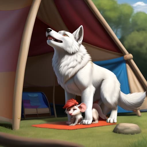  Feral wolf with white and silver fur anally penetrating tiny anthro mouse with white fur and red hair. Forced penetration. Anal. Primal. size difference. Feral on anthro. Feral wolf knotted . ming. Howl. Campsite. Small mouse body. Tiniest body. 1st grade. Daycare, open eyes, digital art, masterpiece, 4k, fine details,