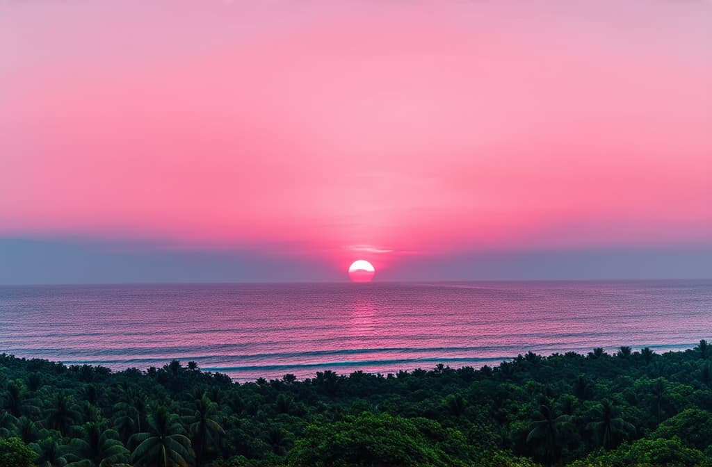  professional detailed photography, a breathtakingly beautiful pink sunset brilliantly illuminates a serene and tranquil tropical landscape ar 3:2, (muted colors, dim colors, soothing tones), (vsco:0.3)