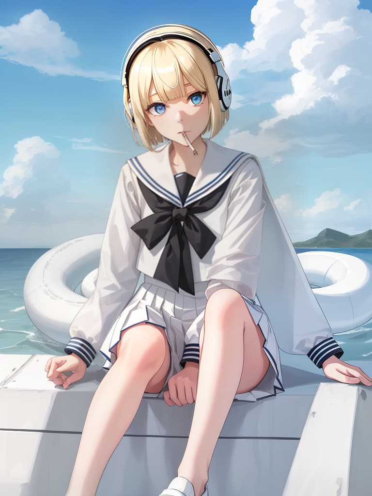  a who smokes a cigarette, a white sailor suit, a white pleated , a whole body, black loafers, blue eyes, blonde bob hair, summer sailor, snake tattoo on legs, one , white sailor suit headphones, 綣 綣, headphones, many hairpins on bangs, masterpiece, best quality,8k,ultra detailed,high resolution,an extremely delicate and beautiful,hyper detail