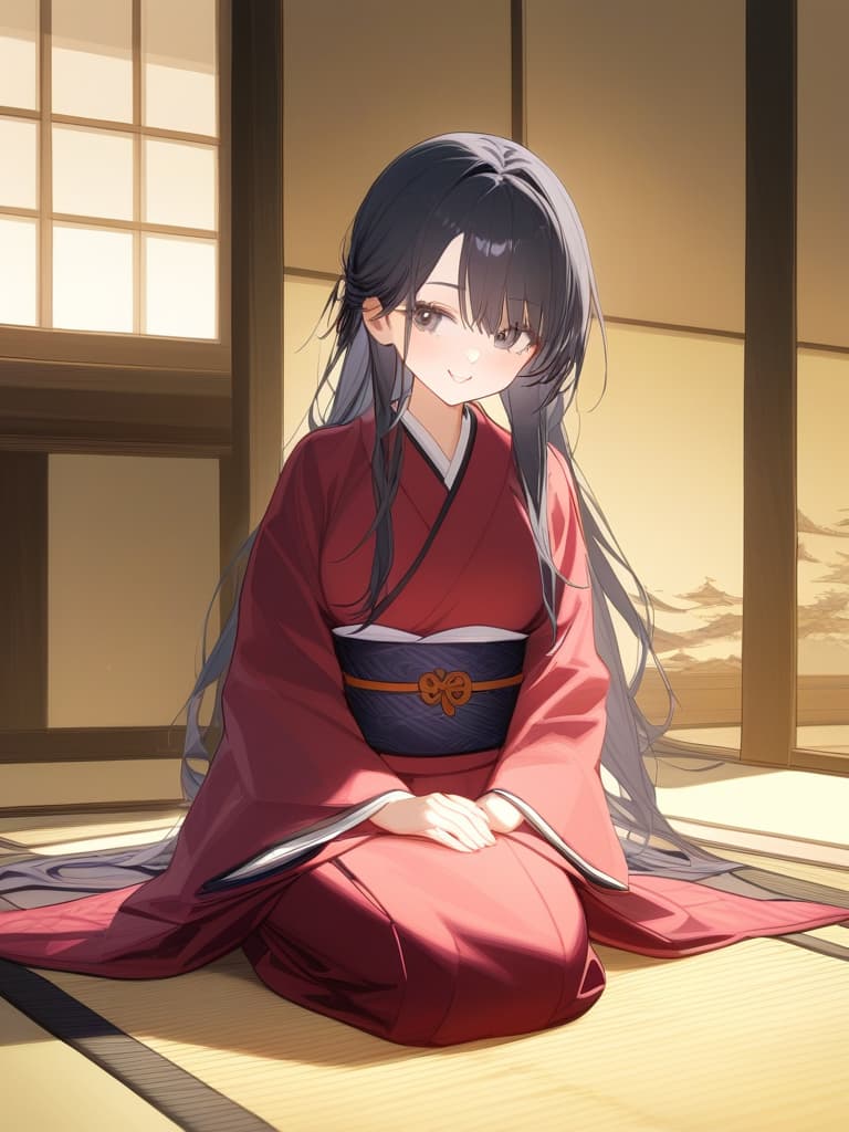  1girl,black hair,black eyes,long hair,kimono,bangs bangs,trimmed hair tips,smile gently,seiza,japanese style room,japanese style hair