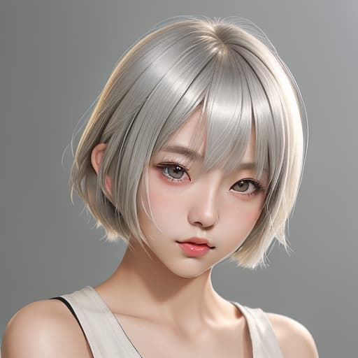  cute japanese girl face, cute short hair, light blonde and silver bob cut hairstyle, black sleeveless top, delicate makeup, cool style, natural lighting, photo realistic in the style of realistic.