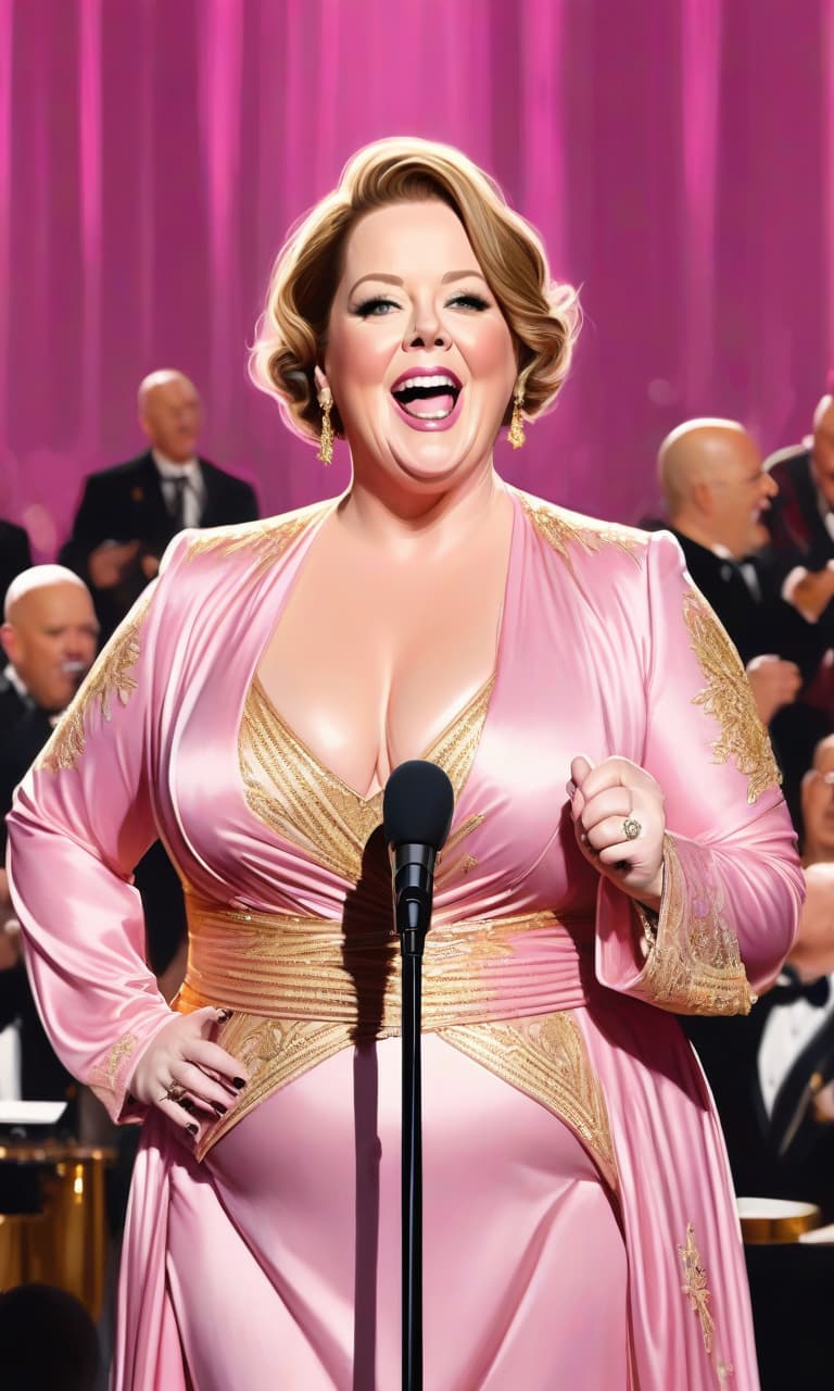  concept art pink, gold, black, white onstage bald melissa mccarthy with a microphone . digital artwork, illustrative, painterly, matte painting, highly detailed, perfect hands