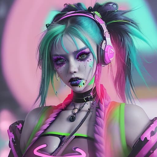  a close up of a woman wearing a bright outfit with headphones, fashion neon light, raver girl, bold rave outfit, dripping in neon paint, cyberpunk fashion clothing, cyberpunk angry gorgeous druid, maximalist fashion, kerli koiv as anime girl, very beautiful cyberpunk samurai, cute rave outfit, fun rave outfit, neon style, cyberpunk fashion