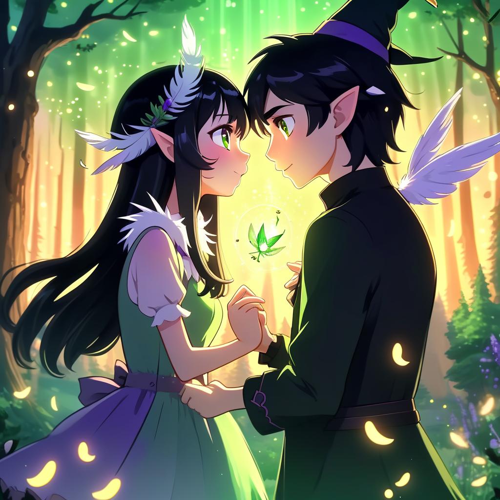  kawaii style anime 4k, witch girl with black hair in black dress and hat with white feathers and elf man in light green clothes, sunset in the forest with lavender and fireflies, romance, kiss, anime, science fiction, 4k, love, fairy tale, magic . cute, adorable, brightly colored, cheerful, anime influence, highly detailed, hkmagic