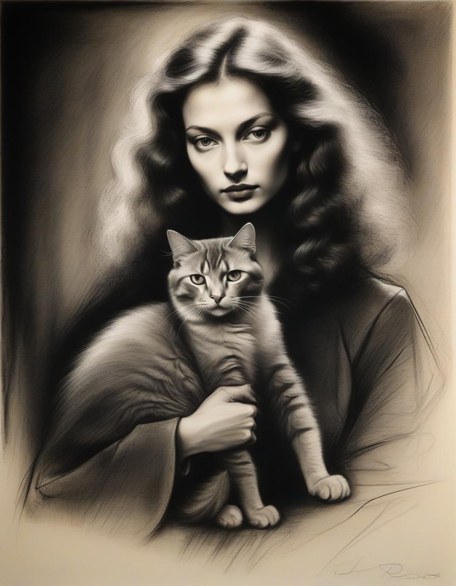  film noir style abstract charcoal sketch and pastels, delicate, perfect, stunning, captivating portrait of a woman with her lovely cat in style albrecht dürer, leonardo da vinci, rembrandt, stanisław wyspiański . monochrome, high contrast, dramatic shadows, 1940s style, mysterious, cinematic