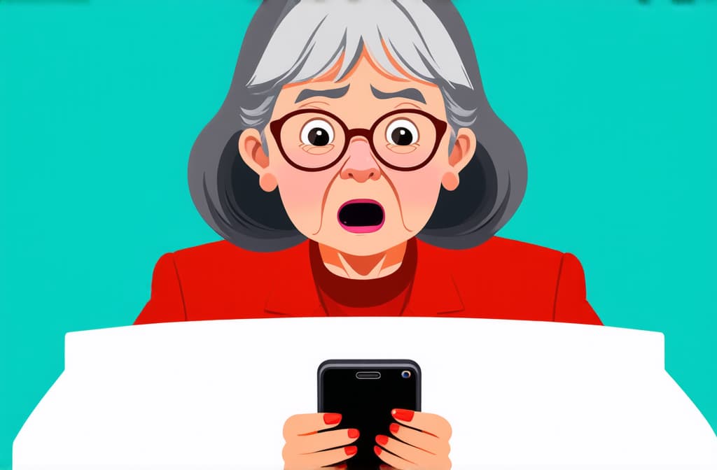  shocked surprised senior asian woman using smartphone isolated on white background, funny cartoon illustration ar 3:2 {prompt}, maximum details