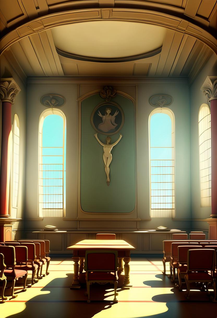  renaissance style a meeting room with empty seats (cel shading, vintage anime:1.25) . realistic, perspective, light and shadow, religious or mythological themes, highly detailed