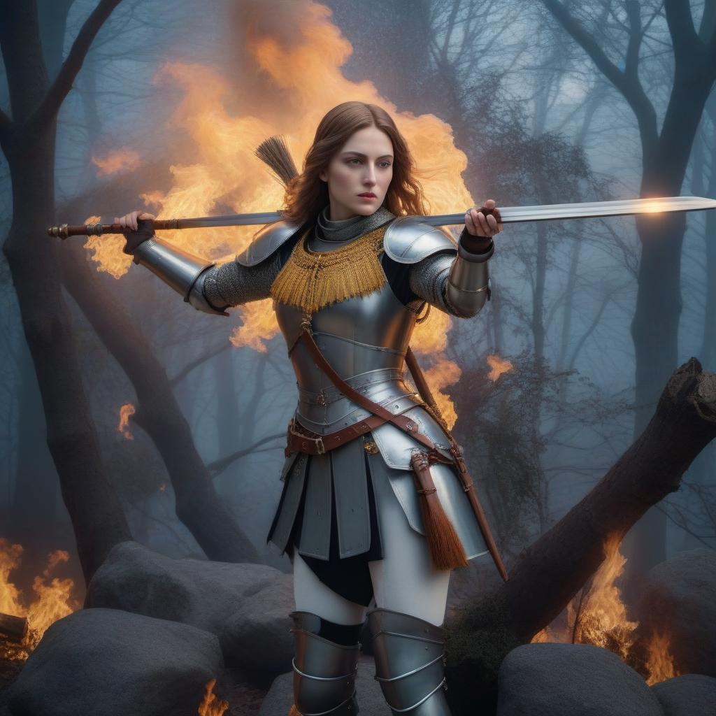  Joan of Arc hyperrealistic, full body, detailed clothing, highly detailed, cinematic lighting, stunningly beautiful, intricate, sharp focus, f/1. 8, 85mm, (centered image composition), (professionally color graded), ((bright soft diffused light)), volumetric fog, trending on instagram, trending on tumblr, HDR 4K, 8K