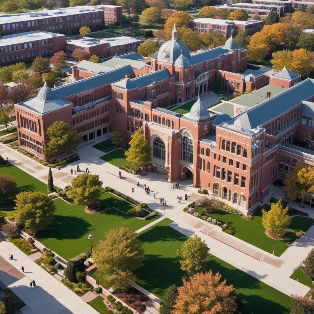  aerial view of a wealthy high school with outdoor courtyard and multi level arches with a grand entrance curb appeal , mystical style