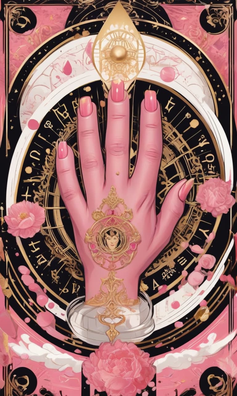  concept art tarot color pink, white, black, gold beautiful woman's hand with a manicure . digital artwork, illustrative, painterly, matte painting, highly detailed, perfect hands