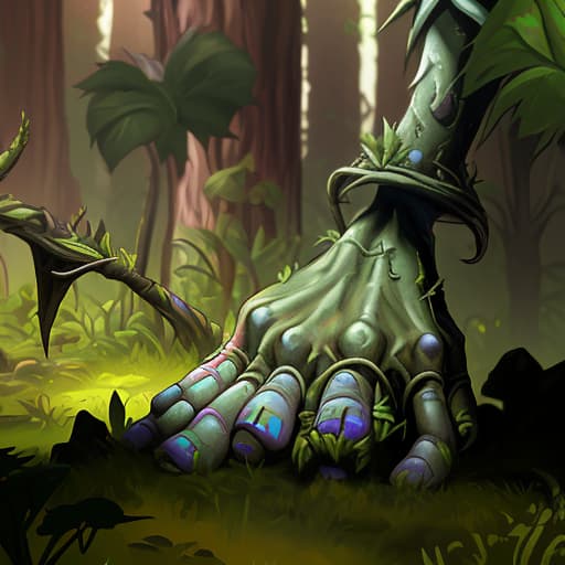  the hand of a golem that peeks out from the ground, overgrown with plants in the forest, arcane style, borderlands style, telltale games style, oil painting, simple colors, low detail, vivid colors, defined lines, defined edges, digital art, cartoon look, cartoon style, sharp shadows, dark