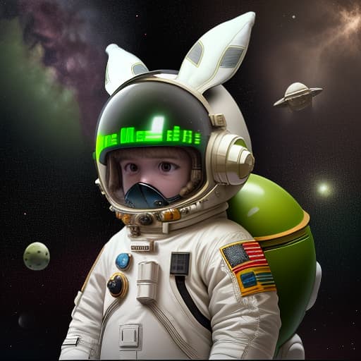  a child in a space suit, on an ear helmet like a hare, stands on an unknown planet next to green men, and asteroids fly around him, a helmet with hare ears on his head