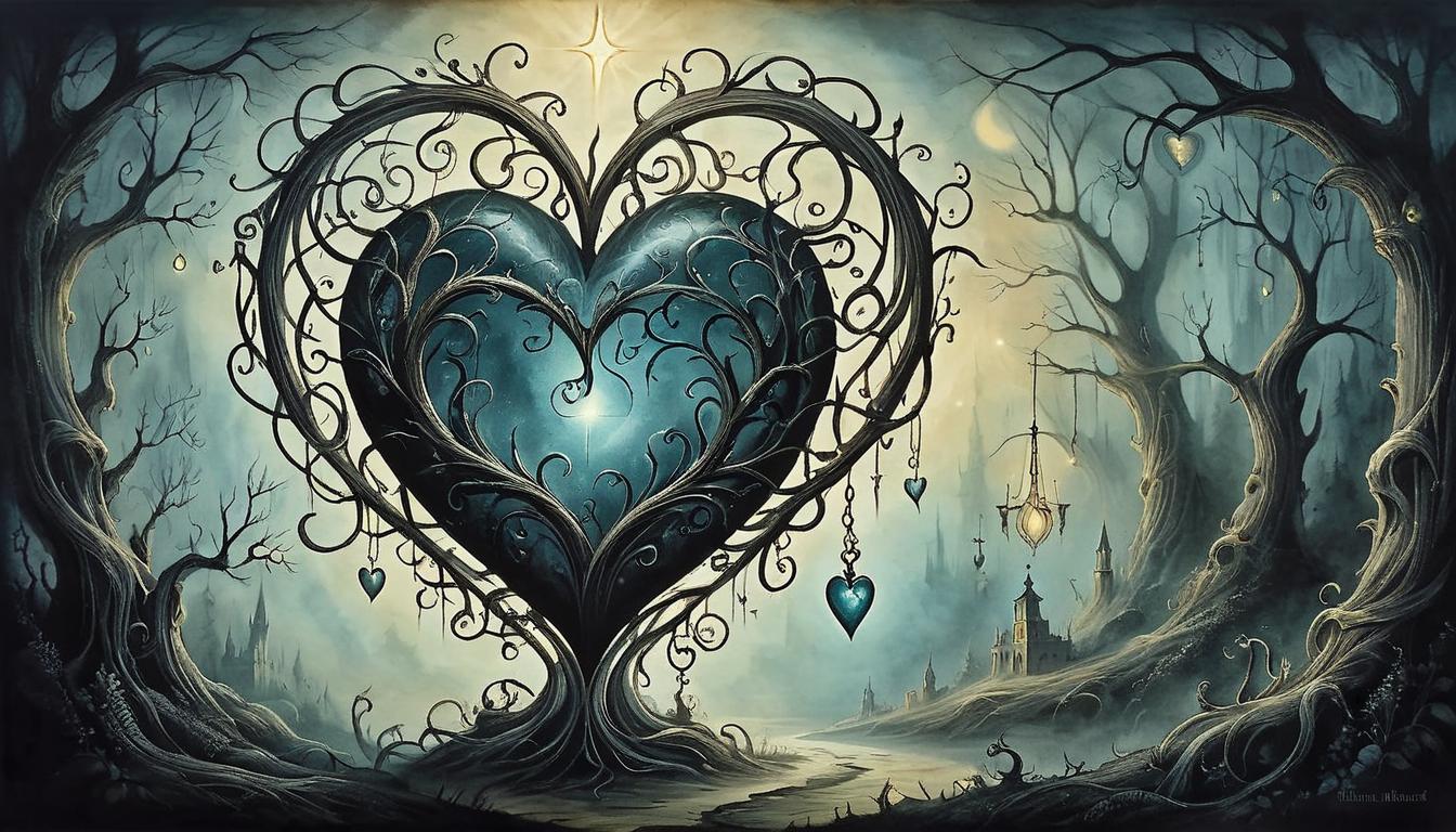  on parchment, surrealism+++, a heart encased in an ethereal glow, surrounded by dark tendrils that seem to protect it, mystical light and shadow play, protective, mystical, eternal(mysterious, provocative, symbolic,muted color)+++