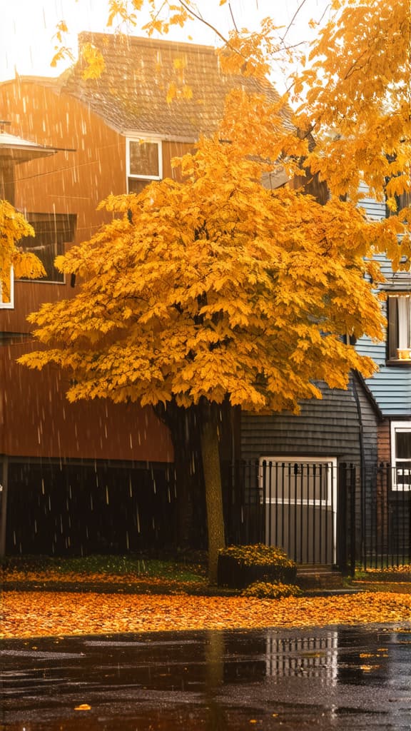  city ​​houses rain yellow leaves on the ground ar 9:16 {prompt}, maximum details