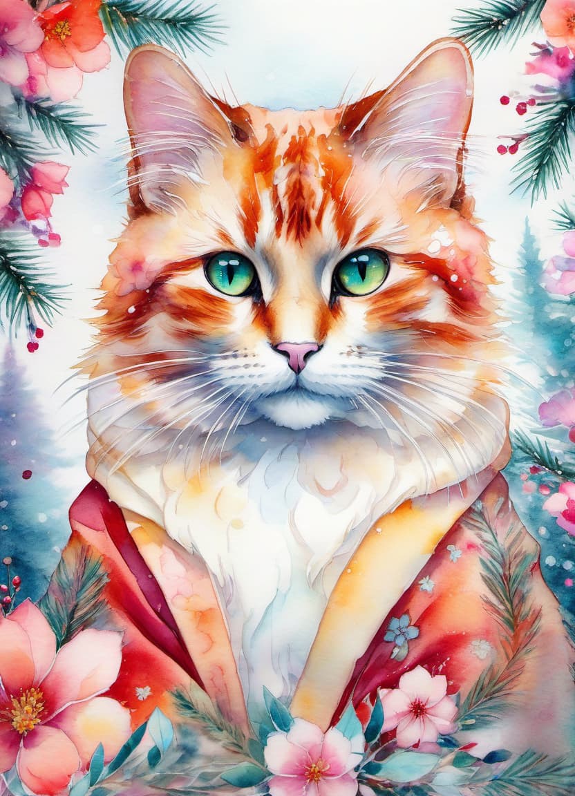  fairy tale christmas trees with cones, a beautiful bright cat in a kimono, (double exposure: 1.4). (soft textured paper). alcohol ink of (bright) flowers. the incompleteness effect. tenderness of watercolors, winter, delicate colors. thin white lines. emotion. light relief pattern. . magical, fantastical, enchanting, storybook style, highly detailed