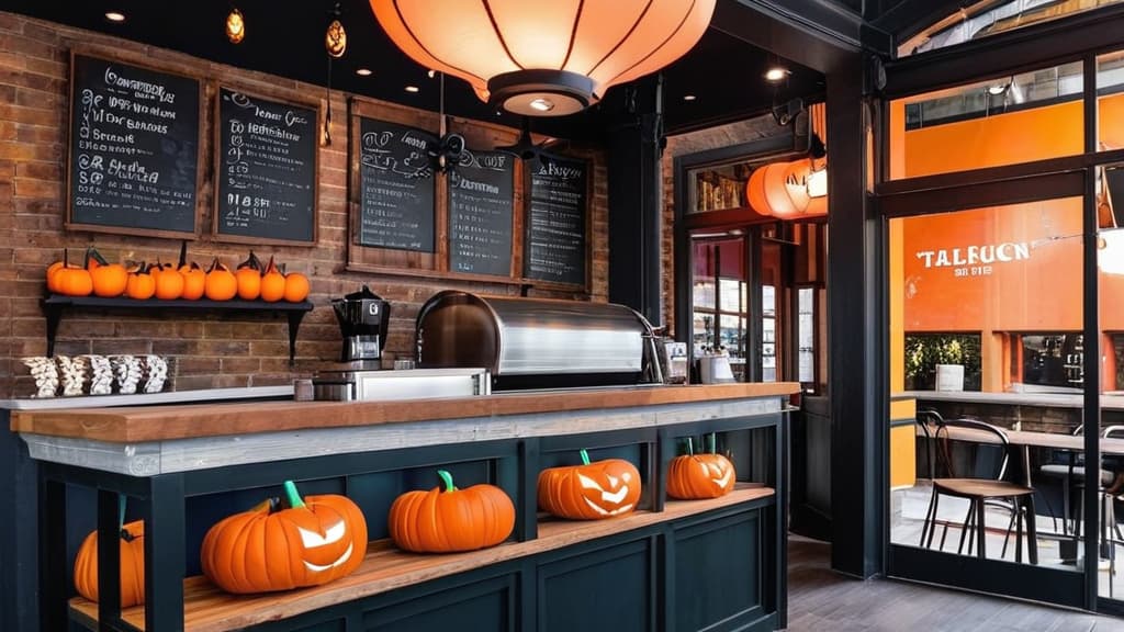  an empty halloween coffee shop in the city with holiday decorations