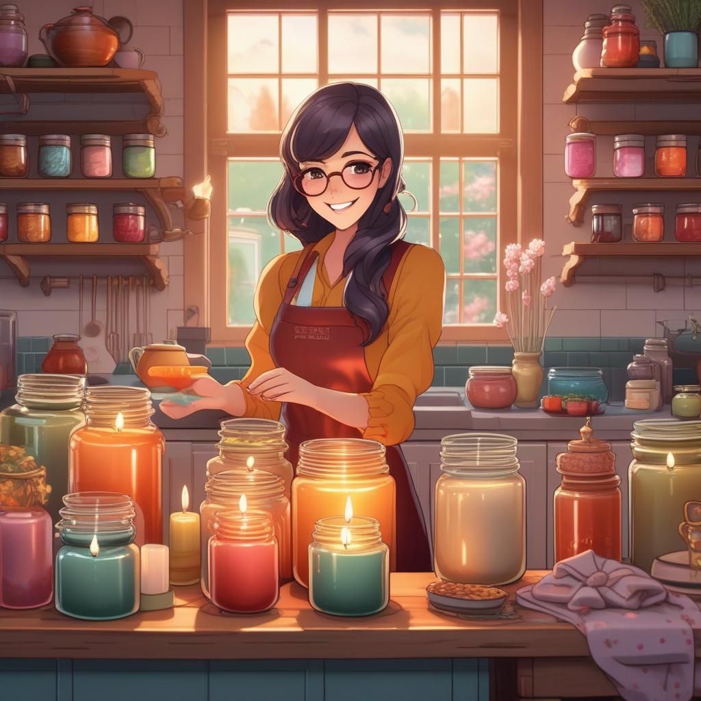  smiling kawaii girl making jar candles and cute wax melts in kitchen, colorful stuff in background, atmosphere is cozy, warm and inviting, illustration, ((anime)) hyperrealistic, full body, detailed clothing, highly detailed, cinematic lighting, stunningly beautiful, intricate, sharp focus, f/1. 8, 85mm, (centered image composition), (professionally color graded), ((bright soft diffused light)), volumetric fog, trending on instagram, trending on tumblr, HDR 4K, 8K