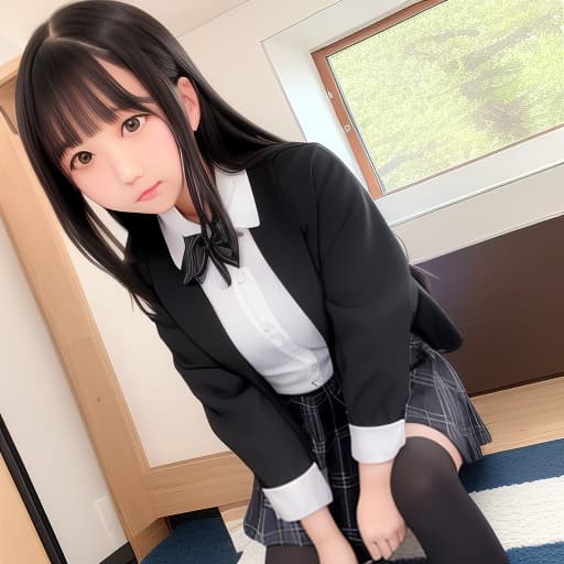  美容室でセーラー服の女子高生が鏡の前で長い黒髪を切り落とされている。床には切り落とされた髪の毛が大量に落ちている。 女の子 制服