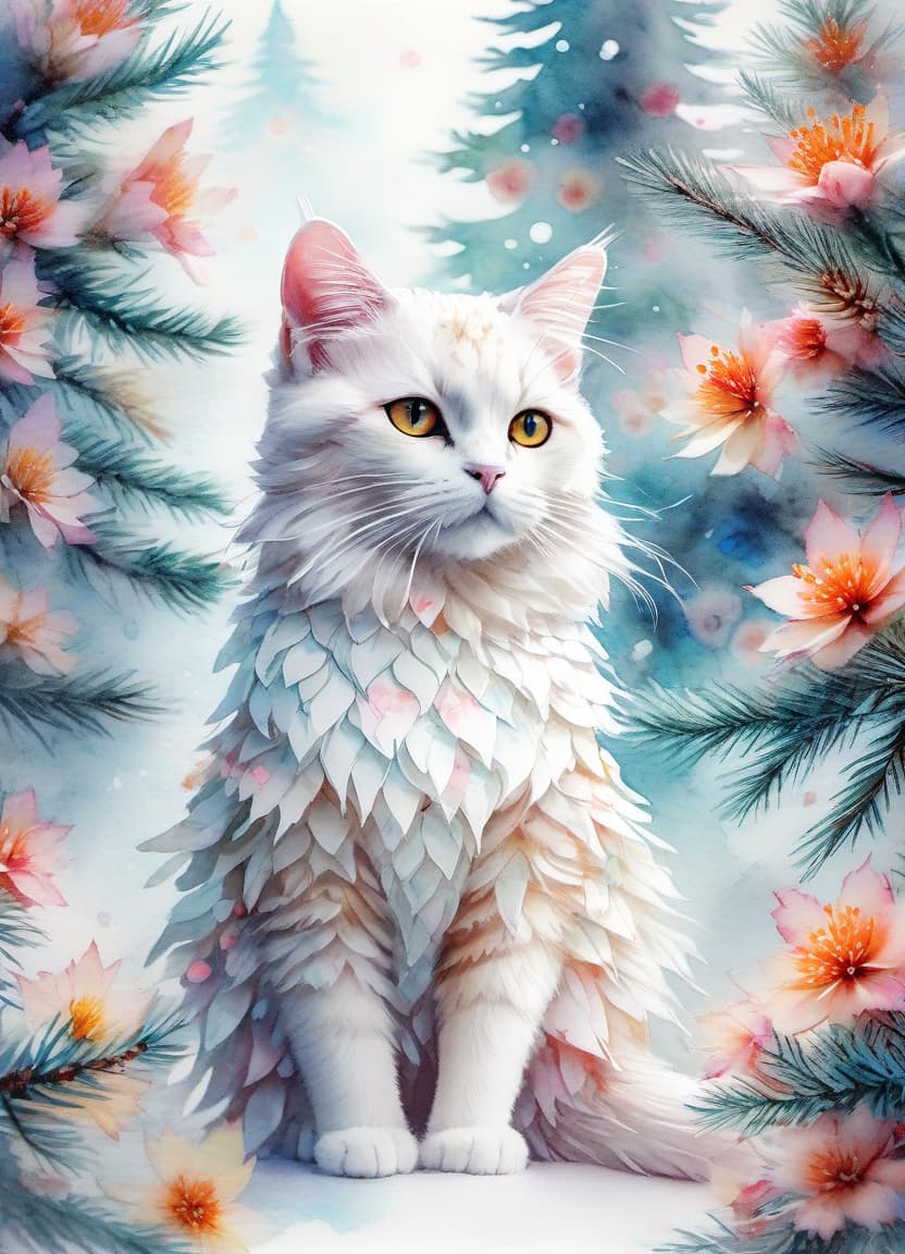  fairy tale christmas trees with cones, a white cat in a kimono, (double exposure: 1.4). (soft textured paper). alcohol ink of (bright) flowers. the incompleteness effect. tenderness of watercolors, winter, delicate colors. thin white lines. emotion. light relief pattern. . magical, fantastical, enchanting, storybook style, highly detailed