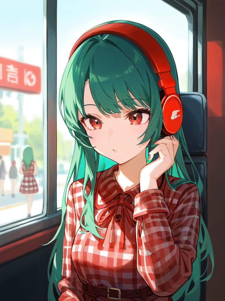  (beautiful girl:1.5)(green hair color:1.5)(long hair:1.5)(wearing headphones🎧:1.7)(in red gingham plaid dress:2.0)(on train:1.2)(upper body only)masterpiece,high quality,16k,super analysis