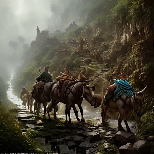  merchants climb donkeys up a narrow abandoned mountain road. around the dense forest, magic, dragons, elves, castles, by donato giancola, ruan jia, kekai kotaki, magali villeneuve, even mehl amundsen