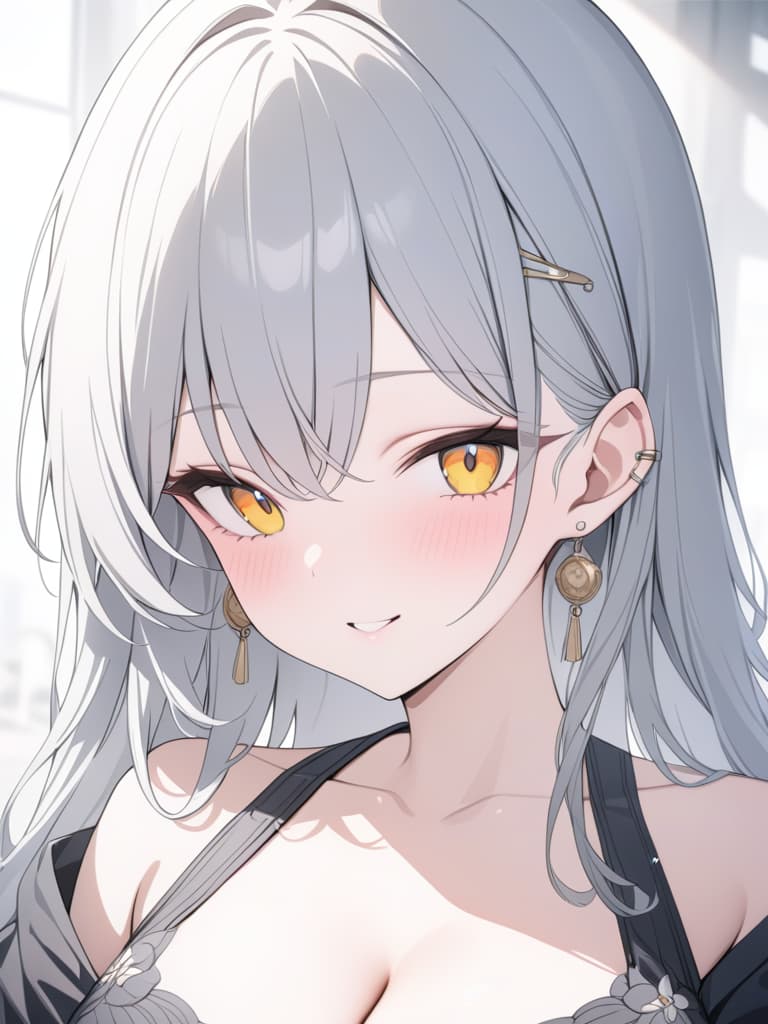  long gray hair, earrings, eye color yellow, smiling, lip earring, mass production type, masterpiece, best quality,8k,ultra detailed,high resolution,an extremely delicate and beautiful,hyper detail