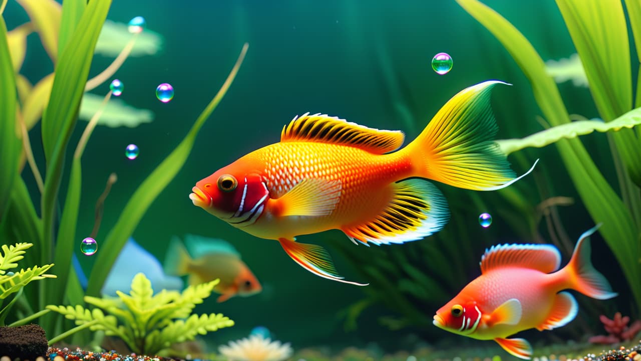  a serene aquarium scene with vibrant tropical fish swimming among lush green plants, soft bubbles rising, and gentle light filtering through the water, creating a calming atmosphere that evokes tranquility and peace. hyperrealistic, full body, detailed clothing, highly detailed, cinematic lighting, stunningly beautiful, intricate, sharp focus, f/1. 8, 85mm, (centered image composition), (professionally color graded), ((bright soft diffused light)), volumetric fog, trending on instagram, trending on tumblr, HDR 4K, 8K