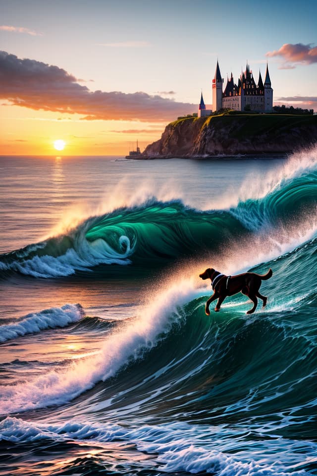  a man runs along the shore of the sea with big waves with a big boxer dog. in the distance at sunset, an island with a castle on it and a modern luxury yacht anchored off the island , magic neon, hq, hightly detailed, 4k