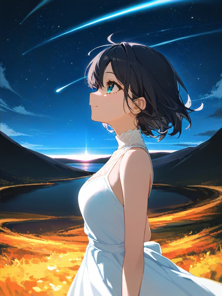  ((look up:1.5))(beautiful girl:1.5)(black hair:1.7)(long straight hair:1.7)(blue eyes:1.7)smile(profile:1.5)((in cute white dress:2.0)){looking up at starry sky:2.0}(night sky:1.5)(beautiful starry sky:1.7)(meadow background:1.7) masterpiece,high quality,16k,super analysis