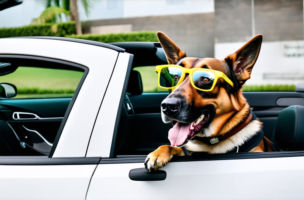  professional detailed photography, german shepherd wearing yellow glasses drives convertible in miami ar 3:2, (muted colors, dim colors, soothing tones), (vsco:0.3)