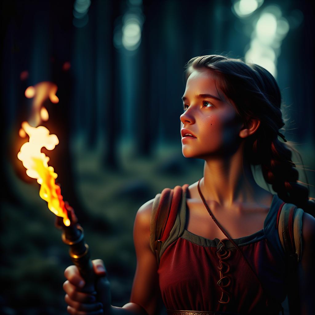  cinematic film still breath of fire, girl, torch in hand, side view . shallow depth of field, vignette, highly detailed, high budget, bokeh, cinemascope, moody, epic, gorgeous, film grain, grainy