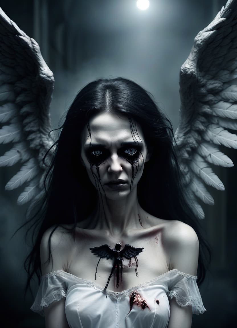  horror themed make her a fallen angel . eerie, unsettling, dark, spooky, suspenseful, grim, highly detailed