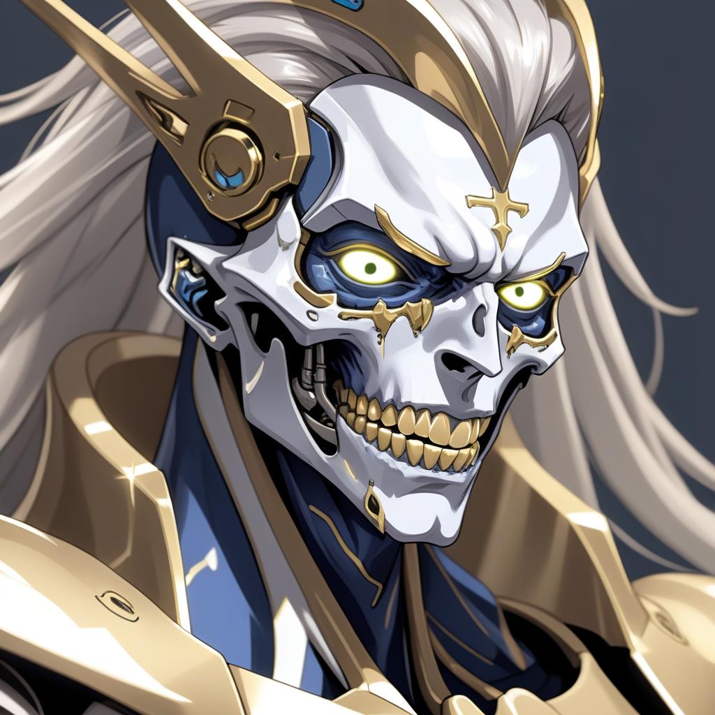  a close up of a person with a weird face, ainz ooal gown, male cyborg, long shiny hair, marc brunet, cyber augmentation implant, large long pointy teeth, gray men, gold highlights, eboy, the style of wlop, humanoid car head, vergil, transparent face