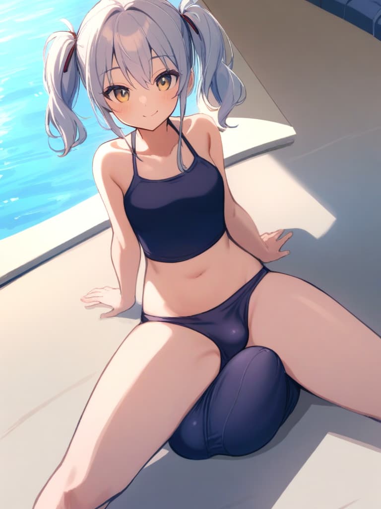  women's elementary students (male), twin tails, cute smiles, (rich s), low stature, dark blue swimwear, old swimwear, , simple (upward), male , (bulge), shaped clear , front , whole body, pool side,