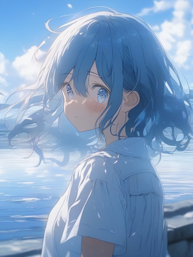  white shirts, blue haired shorts, black skirts, blue eyes, girls, above the water, under the blue sky, small white corners, girls crying alone, shortcuts, crying, masterpiece, best quality,8k,ultra detailed,high resolution,an extremely delicate and beautiful,hyper detail