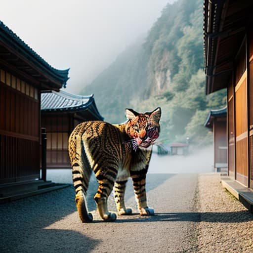  a big cat ,kyoto hyperrealistic, full body, detailed clothing, highly detailed, cinematic lighting, stunningly beautiful, intricate, sharp focus, f/1. 8, 85mm, (centered image composition), (professionally color graded), ((bright soft diffused light)), volumetric fog, trending on instagram, trending on tumblr, HDR 4K, 8K