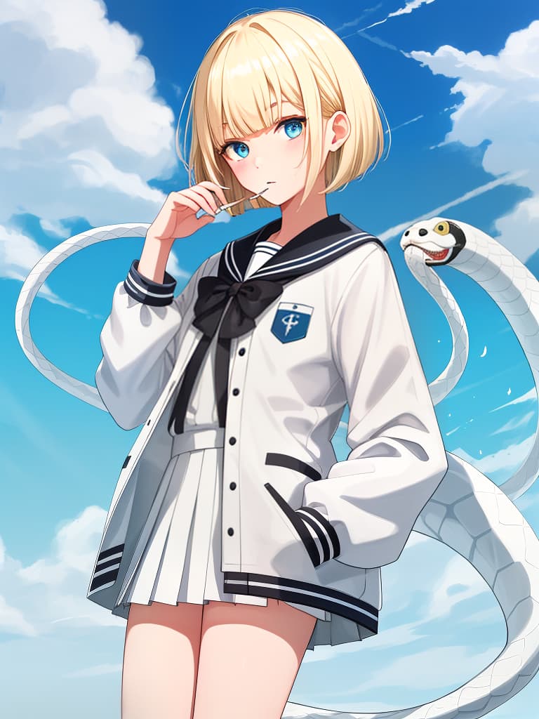  a who smokes cigarettes, white sailor uniforms, white pleated s, whole body, black loafers, blue eyes, blonde bob hair, summer sailor, souvenir jacket, snake tattoo, standing out, white, white, white. sailor suit, , red headphones, green souvenir jacket, masterpiece, best quality,8k,ultra detailed,high resolution,an extremely delicate and beautiful,hyper detail