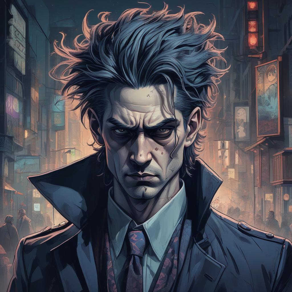  gothic style light, focused, colorful, modern illustration of a gloomy gangster with disheveled hair, portrait, fibonacci sequence, modern, comic with three dimensional sketches. night. . dark, mysterious, haunting, dramatic, ornate, detailed