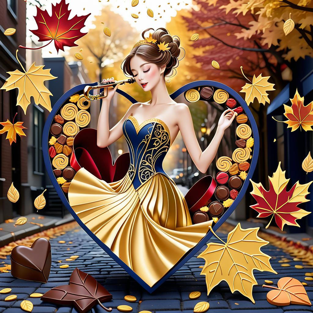  luxury product style on a carpet of yellow leaves in a simple dress of wind given crepe autumn danced a waltz boston in an alleyway. the warm day flew away and the saxophone sang hoarsely. (background of the card): falling autumn leaves, a whirlwind of autumn leaves, wind saxophone, ((a box of chocolates, the inscription "autumn waltz")) , a greeting card. (heart), a beautiful figure made of contours in the shape of a heart. (heart colour): night sky background, stars, gold pattern. (style):fantasy, autumn art, autumn romance. (colours):gold, green gold, navy blue, red, red gold, brown gold, silver, golden blue, bluish blue, dark blue on gold . elegant, sophisticated, high end, luxurious, professional, highly detailed