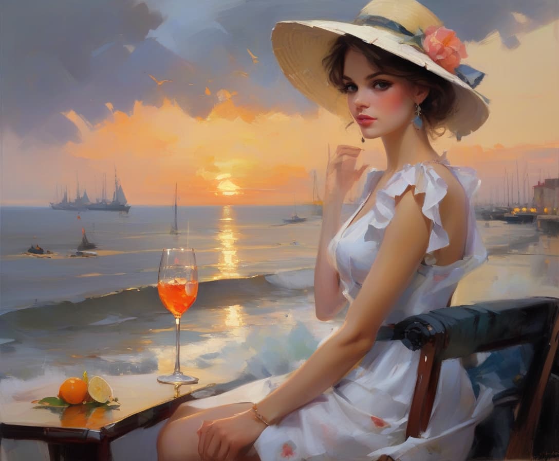  concept art landscapes sunset by konstantin razumov and mikhail garmash and volegov, modern woman embankment by the sea, embankment by the sea, street cafe, a girl in a beautiful bright summer dress sits with her back to us, very short haircut, a beautiful beach hat with large sides on her head, a cocktail on the table,, the sea in the distance, photo realism, full length seascape painting depicting a dark night scene on a stormy sea by volegov:40 konstantin razumov :40 mikhail garmash:20 styles of by thomas moran and claude monet peter wileman, keith negley, and martin ansin, seascapes, sea, sunrise, mikhail garmash, louis jover, victor cheleg, damien hirst, claude joseph vernet,blending styles of peter wileman, keith negley, and martin 