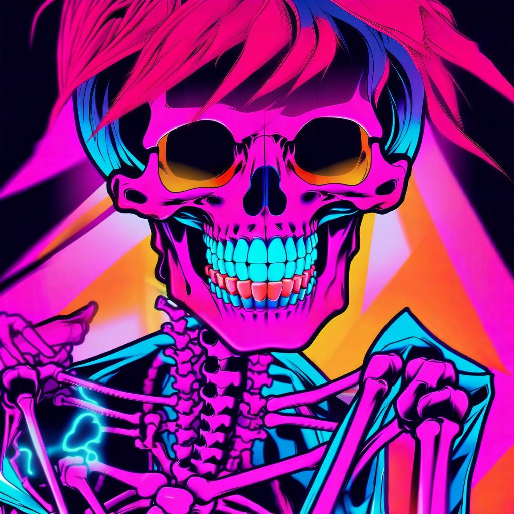  manga style retrowave skelet . vibrant, high energy, detailed, iconic, japanese comic style