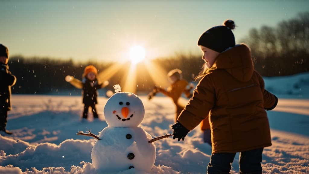  cinematic film style, children playing snowballs and collecting snowman standing in snow, sunset light, snowman with carrot nose. snow falling in background ar 16:9, shallow depth of field, vignette, maximum details, high budget hollywood movie, bokeh, cinemascope, moody, epic, gorgeous, sun rays and shadows on furniture and surfaces, flattering light, raw photo, photography, photorealistic, 8k resolution, f1.4, sharpened focus, sharp focus