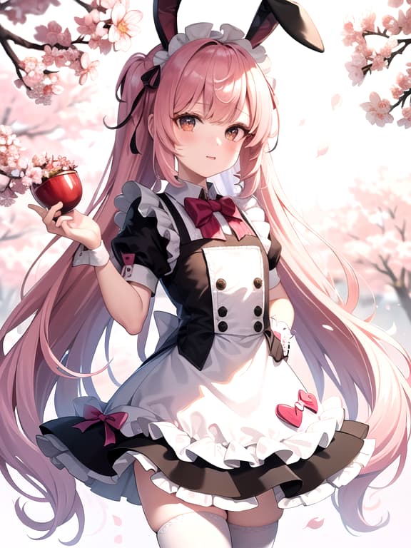  master piece, best quality, ultra detailed, highres, 4k.8k, cute, young with bunny ears, surrounded by cherry blossoms petals and flowers, adorable and dreamy cute, break a young in a cherry blossom maid outfit., amongst cherry blossoms, cherry blossom petals, flowers, maid headband, big ribbon, break pop, colorful, bright, vint, and whimsical, fantasy00d