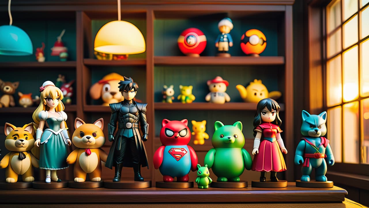  a vibrant display of rare anime collectibles, including figurines and plush toys, arranged on a wooden shelf with soft lighting, showcasing their intricate details and colors, surrounded by a blurred background of anime posters. hyperrealistic, full body, detailed clothing, highly detailed, cinematic lighting, stunningly beautiful, intricate, sharp focus, f/1. 8, 85mm, (centered image composition), (professionally color graded), ((bright soft diffused light)), volumetric fog, trending on instagram, trending on tumblr, HDR 4K, 8K