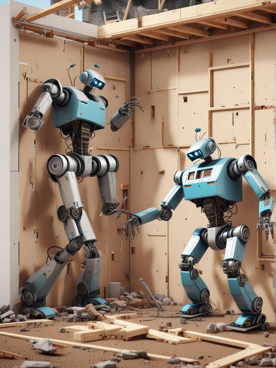  realistic looking robots working to build a house accidentally nailing another robot to a wall