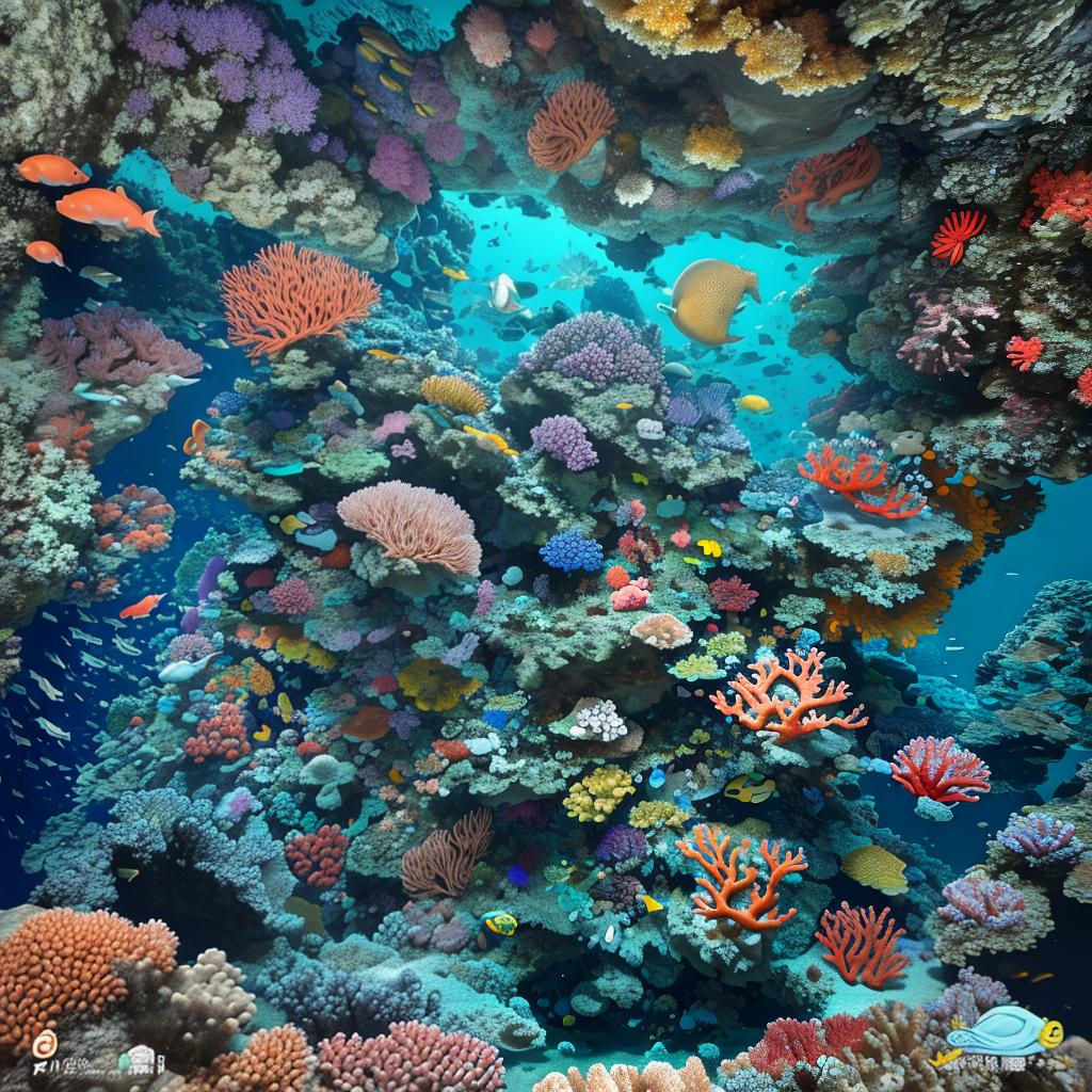  masterpiece, best quality, Most Beautiful in deep sea teeming with vibrant corals, diverse marine life, and enchanting underwater landscapes, full of corals, acrophore, small fishes, anemones, dolphin, various algaes, caves, colorful,all captured in stunning 8k resolution with intricate details.