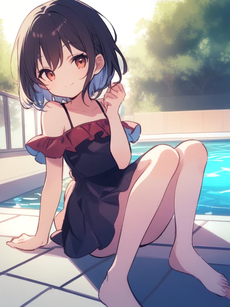  elementary students, short hair, cute smile, ( water transvese), whole body, pool side,