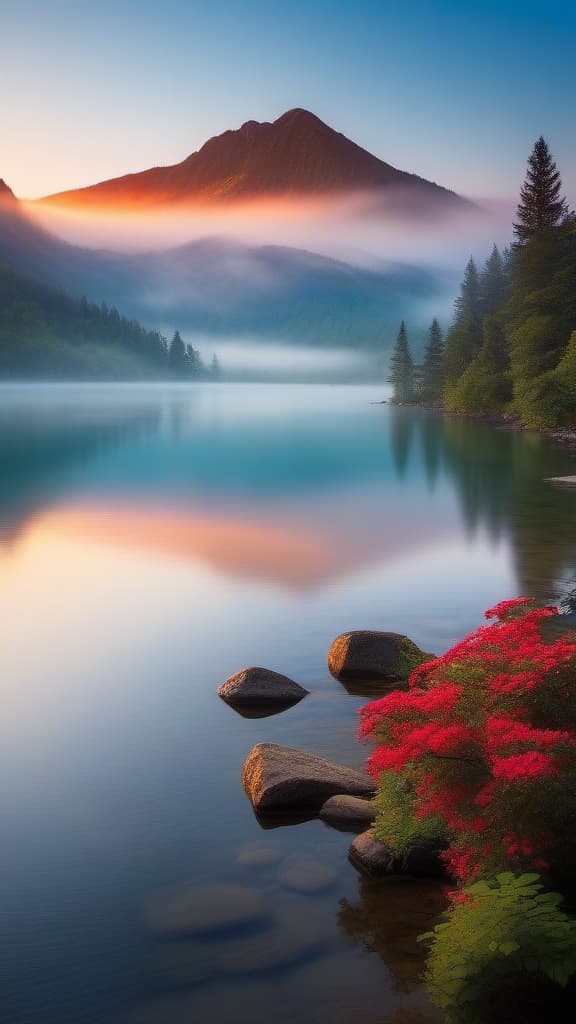  a breathtaking sunrise over a serene mountain lake, with vibrant colors reflecting off the water and mist gently rising