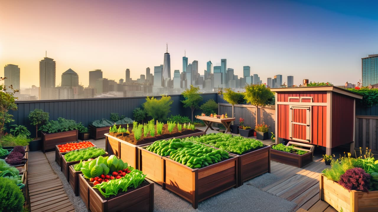  a vibrant urban garden with raised beds overflowing with vegetables, a small chicken coop, a compost bin, a cozy seating area with potted herbs, and a skyline view in the background. hyperrealistic, full body, detailed clothing, highly detailed, cinematic lighting, stunningly beautiful, intricate, sharp focus, f/1. 8, 85mm, (centered image composition), (professionally color graded), ((bright soft diffused light)), volumetric fog, trending on instagram, trending on tumblr, HDR 4K, 8K